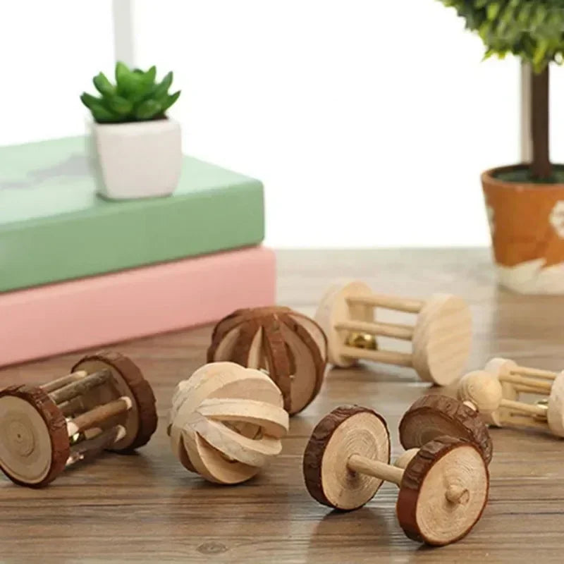 Cute Rabbit Roller Toys Natural Wooden Pine Dumbbells Unicycle Bell Chew Toys for Guinea Pigs and Small Pets