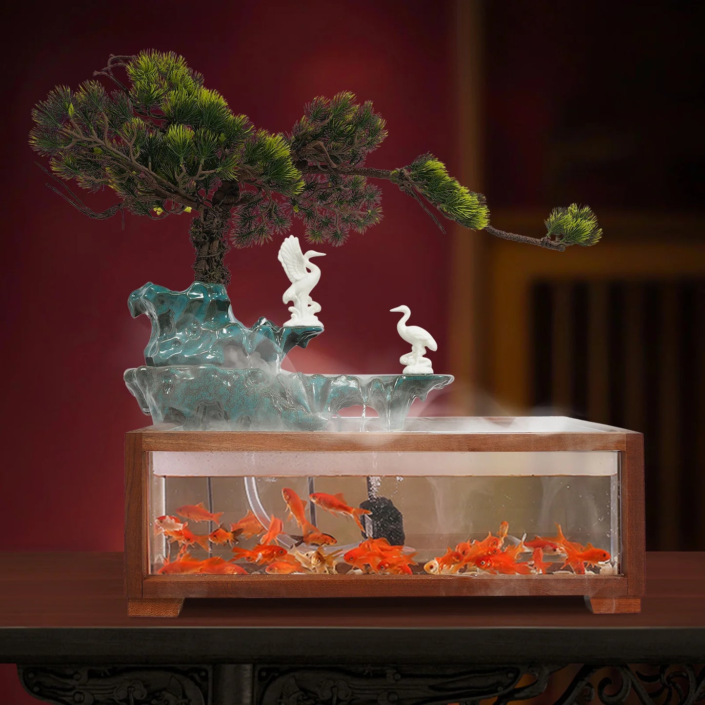 Fish Tank Flowing Ornament LED Light Tabletop Fountain Indoor Fountain for Living Room Bedroom Dining Room