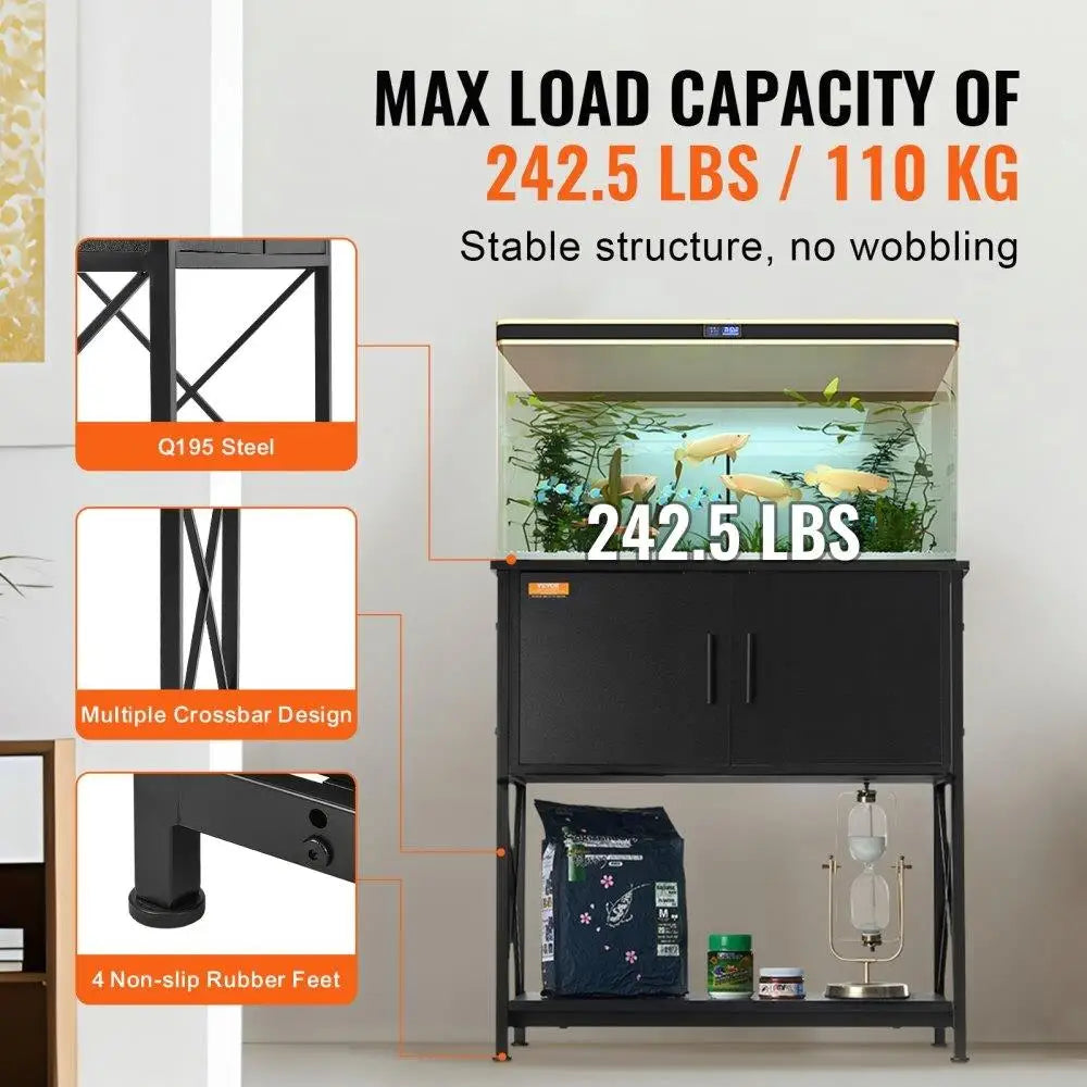 Aquarium Reptile Stand for 29 Gallon Fish Tank with Steel Load Capacity 242.5 Pounds Storage Cabinet and Embedded Power Panel in Black