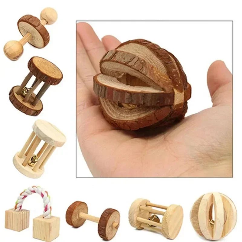 Cute Rabbit Roller Toys Natural Wooden Pine Dumbbells Unicycle Bell Chew Toys for Guinea Pigs and Small Pets