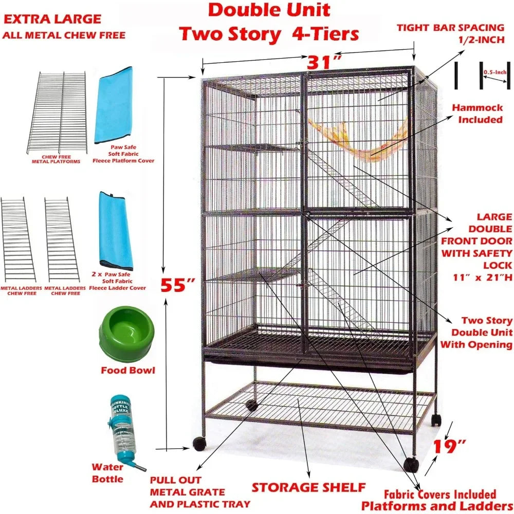 XL Small Animal Cage Two Story Chew Proof Bar Spacing Tray
