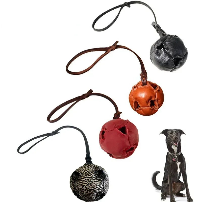 Leather Dog Training Ball Toy with Handle Soft Puppy Reward Fetch Catch Tug Toy