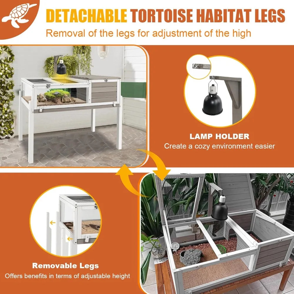 Large Wooden Tortoise Habitat Enclosure with No Leaking Tray Indoor and Outdoor Reptile Cage for Small Animals