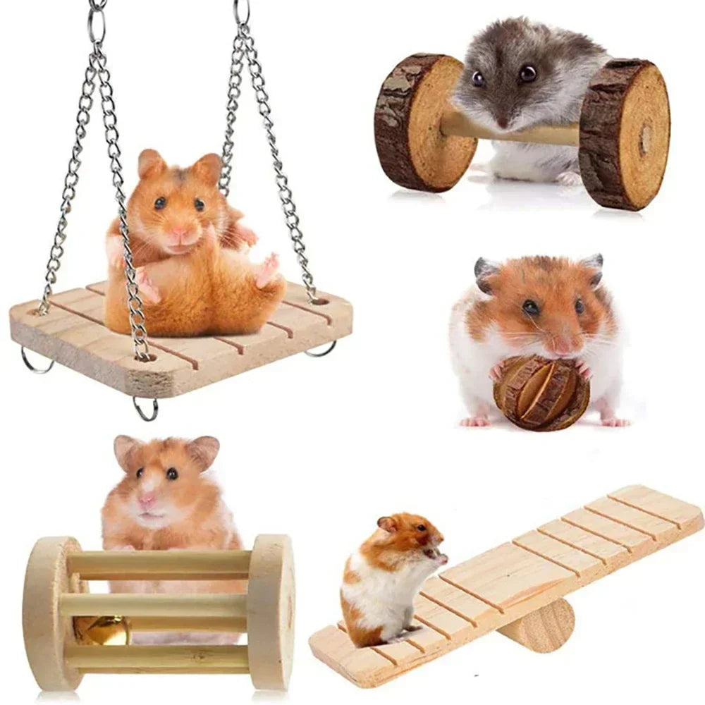Cute Rabbit Roller Toys Natural Wooden Pine Dumbbells Unicycle Bell Chew Toys for Guinea Pigs and Small Pets
