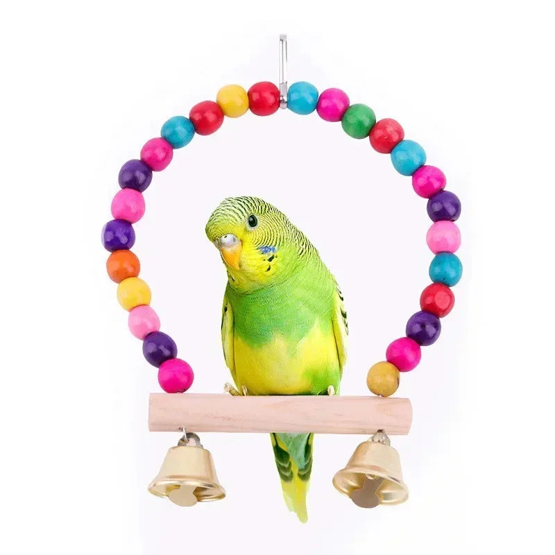 1 Piece Wooden Bird Swing Toy with Hanging Bells for Cockatiels Parakeets and Parrots Cage Accessories