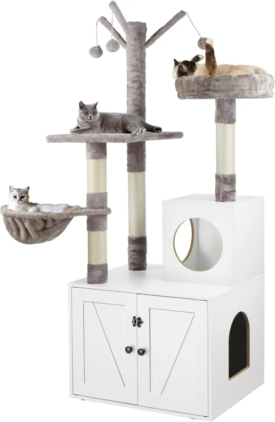 Litter Box Enclosure with Cat Tree and Wooden Furniture