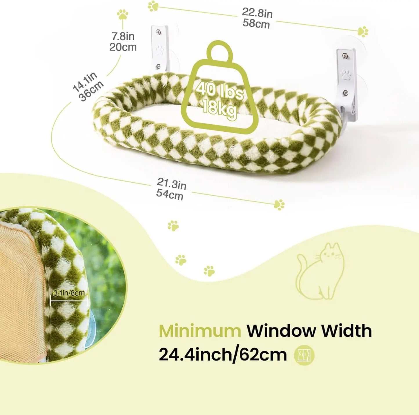 Mewoofun Foldable Cat Window Perch with Strong Suction Cups Cordless Cat Hammock Removable Soft Cover in White Brown and Green