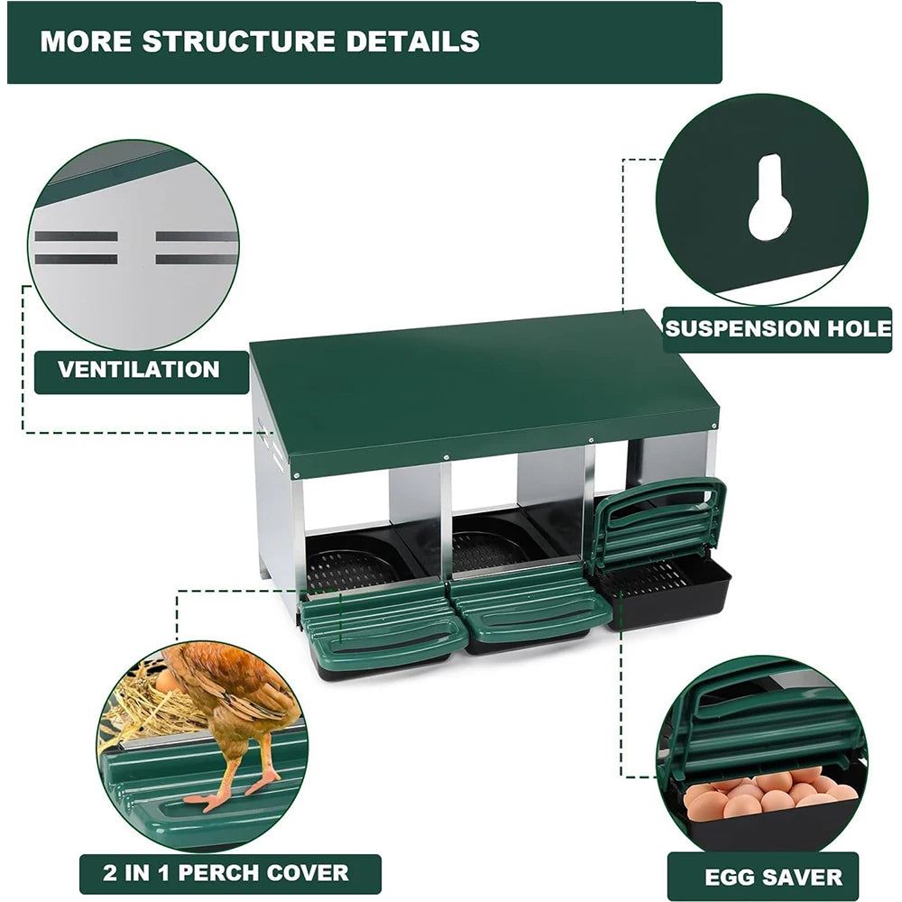 3 Compartment Roll Out Nesting Box for Chicken Coop With Rollout Egg Collection