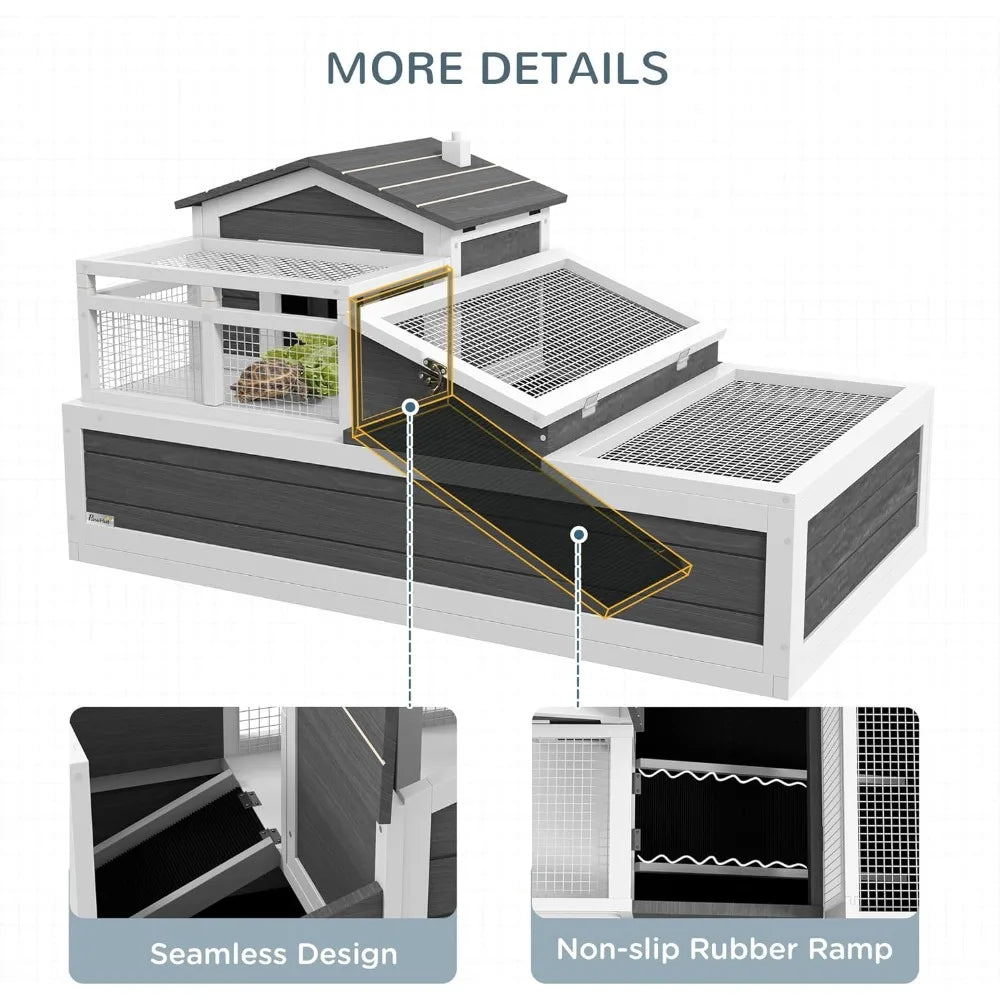 3 Room Tortoise House Habitat with Balcony and 2 Stories Indoor Outdoor Wooden Tortoise Enclosure with Ladder and Tray