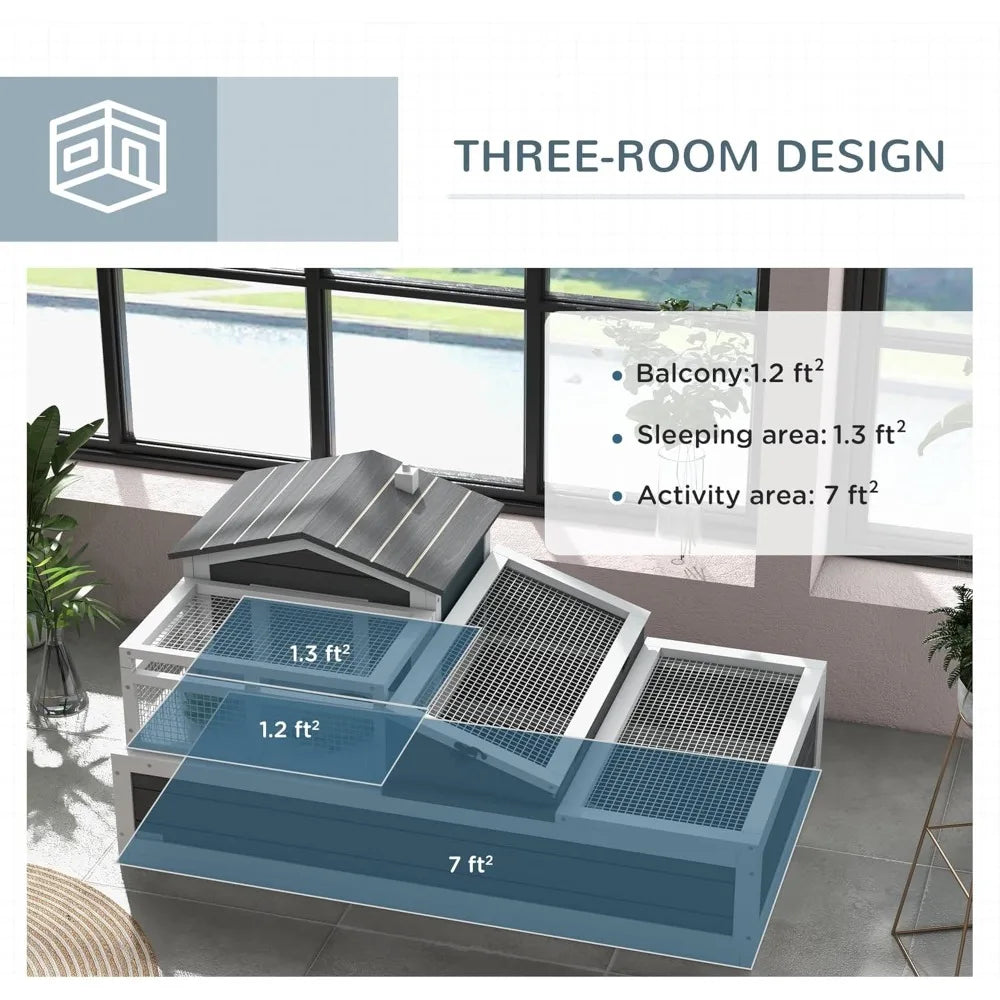 3 Room Tortoise House Habitat with Balcony and 2 Stories Indoor Outdoor Wooden Tortoise Enclosure with Ladder and Tray