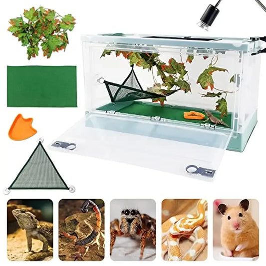 Foldable Terrarium Kit for Reptiles with Wheels Plant Feeding Bowl and Heat-Resistant Transparent Panel