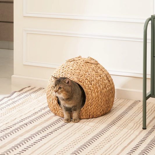 Gertrude Water Hyacinth Woven Wicker Round Cat Bed Cave with Handles 18 Inch for Any Size Cat Breeds