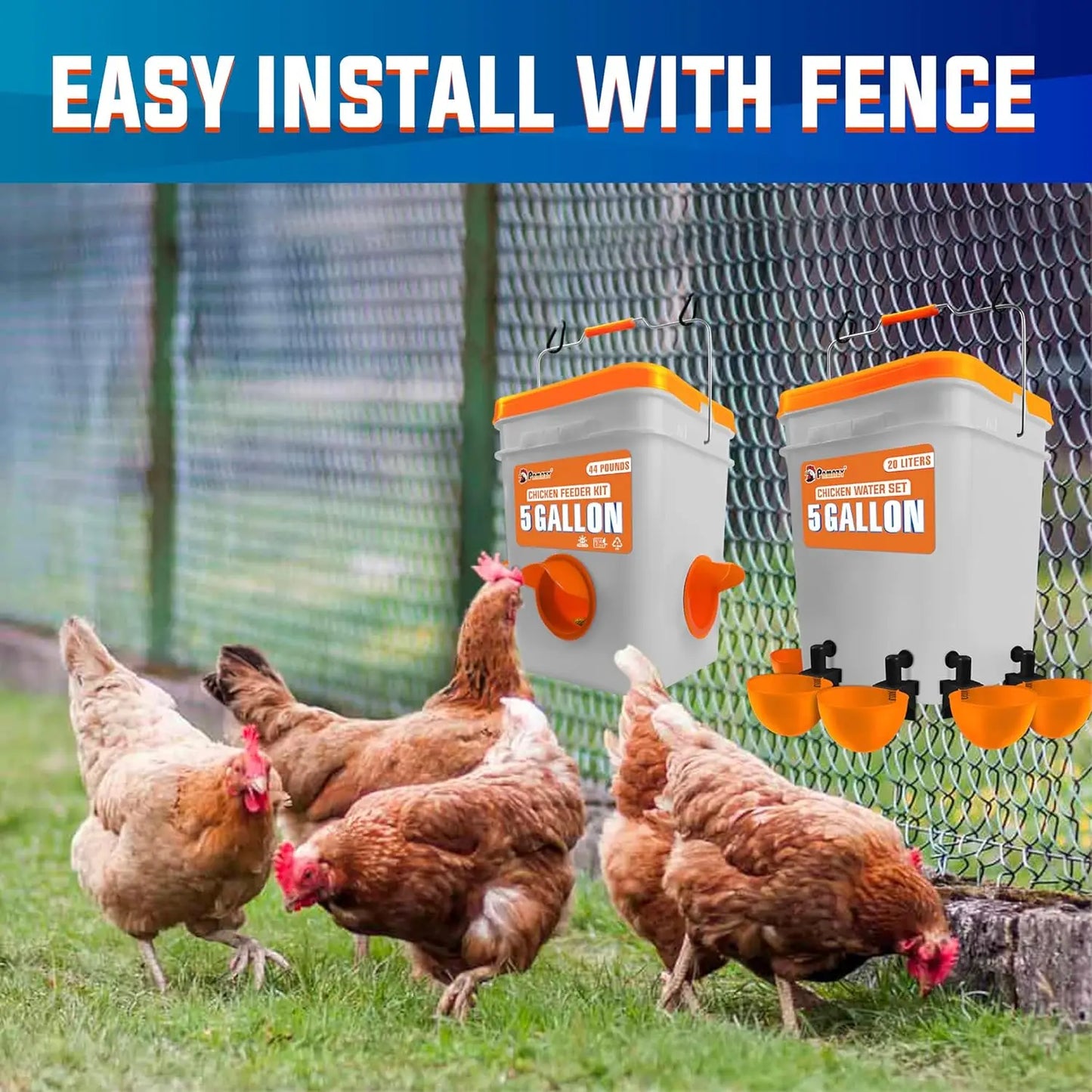 5-Gallon/44 Pounds Automatic Chicken Feeder & Waterer Set(2 Buckets), Chicken Feeder Port & Water Cup No Waste, Rain Proof