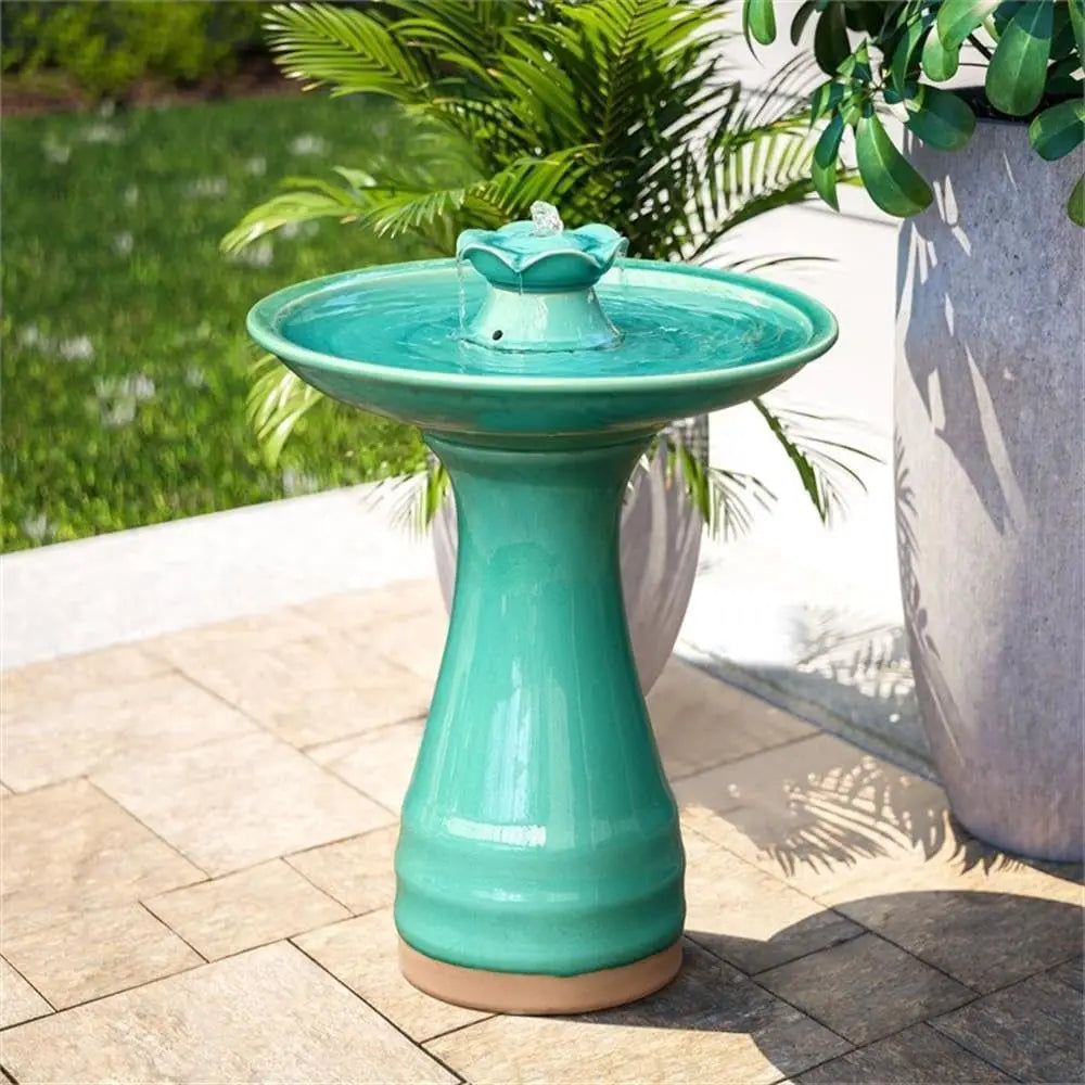 22 Inch Ceramic Bird Bath Fountain Glazed Lotus Waterfall