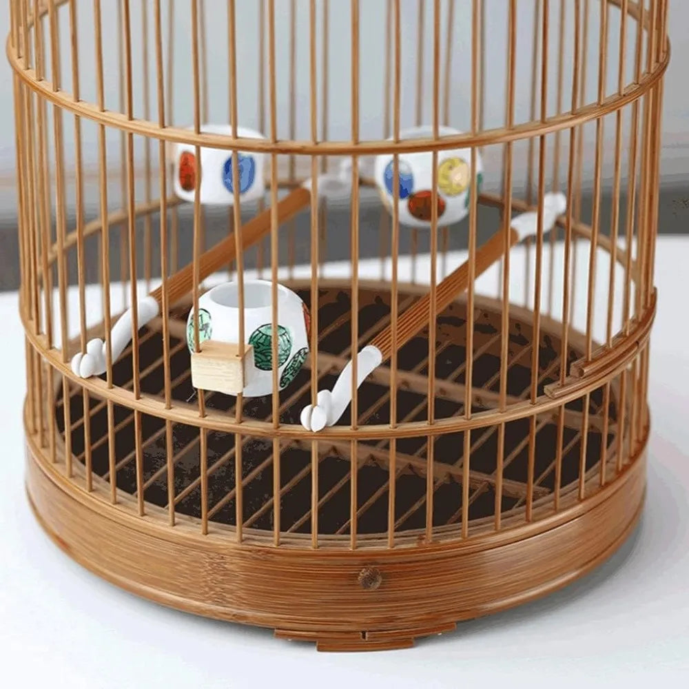 Bamboo Bird Cage Flight Cage Portable Retro Round Bird House Carrier With Rolling Stand