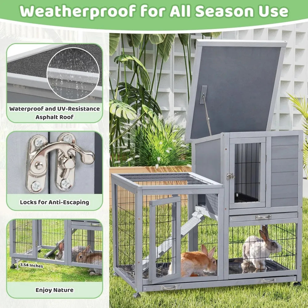 Rabbit Hutch Indoor Outdoor Bunny Cage 39" L Large 2-Story Wooden Enclosure with Wheels