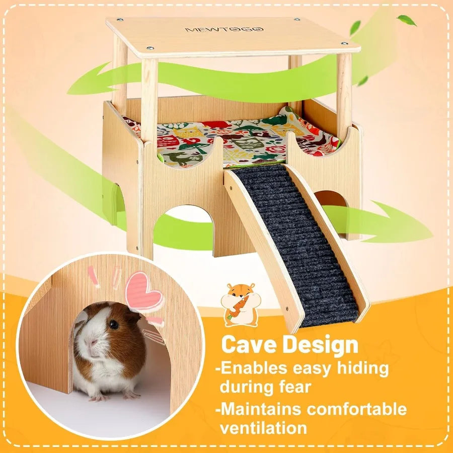 Large Wooden Guinea Pig Hideout 2 Tier Castle With Stairs