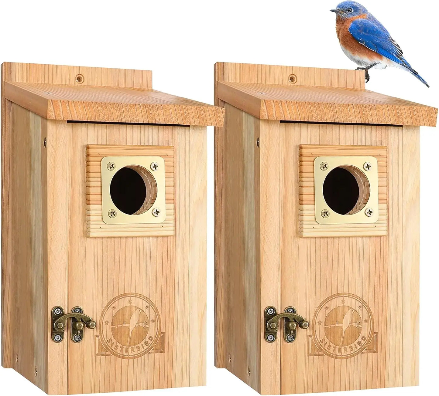 Two Pack Cedar Bird Houses Outdoors With Copper Guard For Bluebirds Wrens
