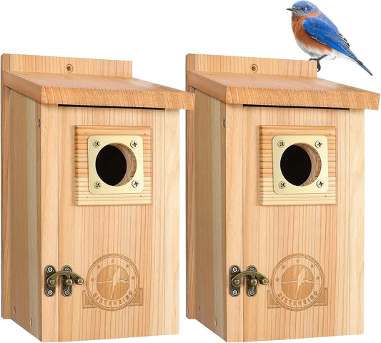 Two Pack Cedar Bird Houses Outdoors With Copper Guard For Bluebirds Wrens