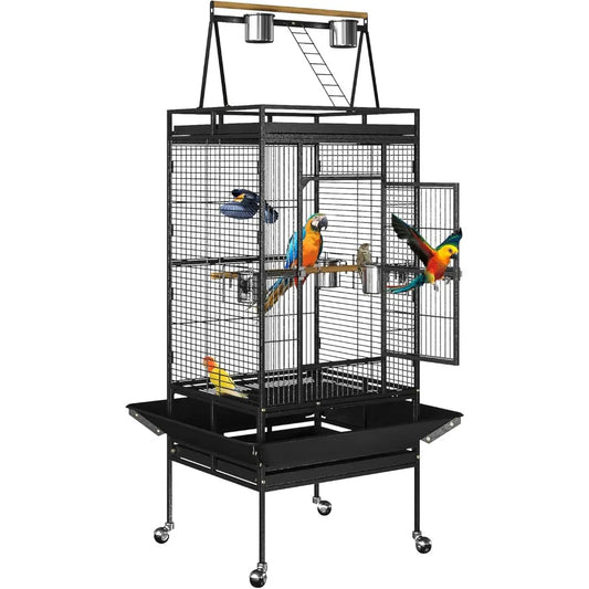 Wrought Iron Standing Bird Cage 68 Inch Tall Play Top for African Grey Parrot