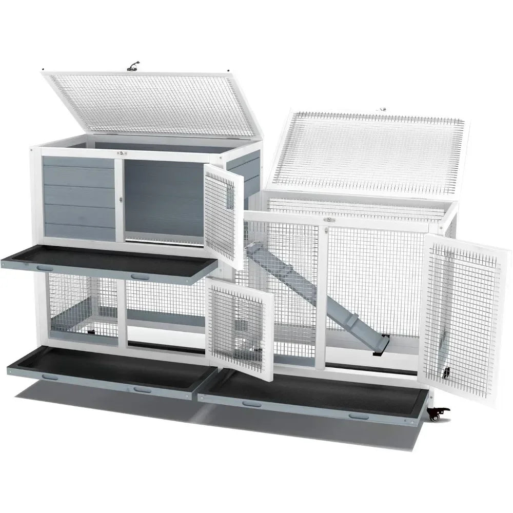 Two Floors 58 Inch Wooden Indoor Bunny Hutch Rabbit Cage on Wheels Guinea Pig Pet House for Small to Medium Animals