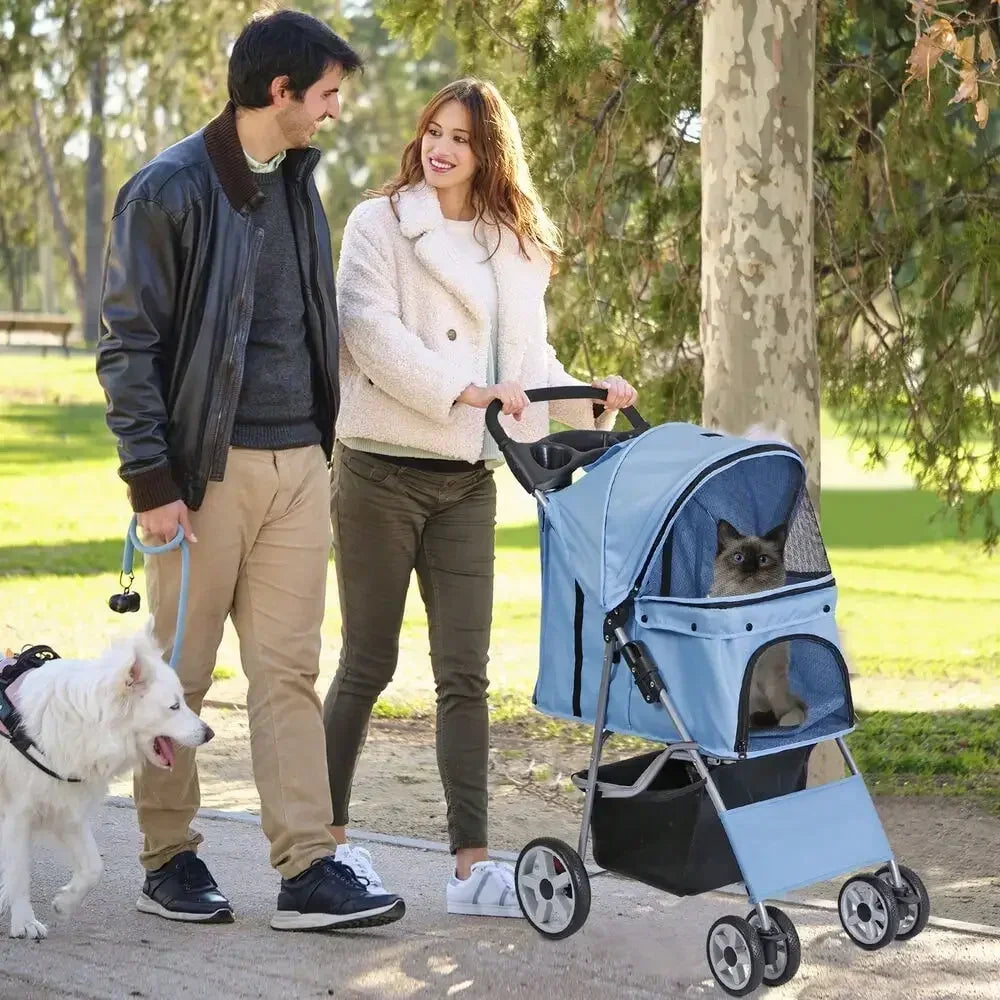 Blue Four Wheel Pet Stroller for Small Dogs and Cats Foldable Carrier Jogger with Basket