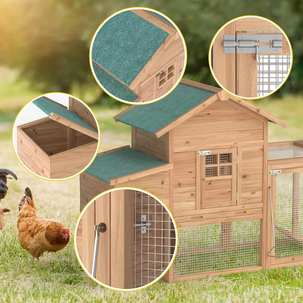 Outdoor Chicken Coop Wooden Hen House Poultry Pet Hutch Run Cage with Waterproof Asphalt Roof Ramp Nesting Box and Wire Fence 120 Inches