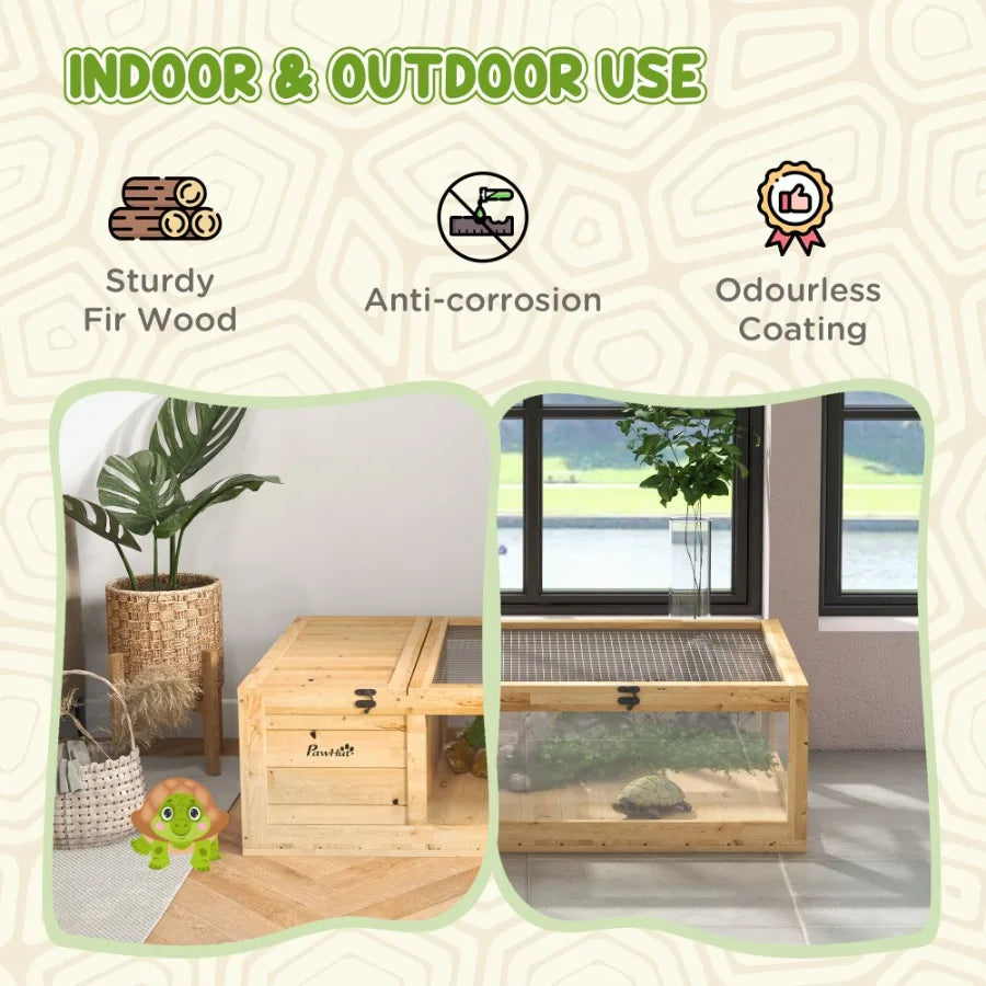 PawHut Wooden Tortoise House Indoor Turtle Habitat Outdoor Reptile Cage for Lizards and Geckos Yellow