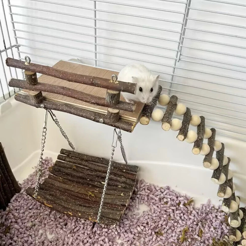 Hamster Climbing Toys Small Animals Pets Exercise Activity Set Natural Wooden Living Climb System With Ladder Swing