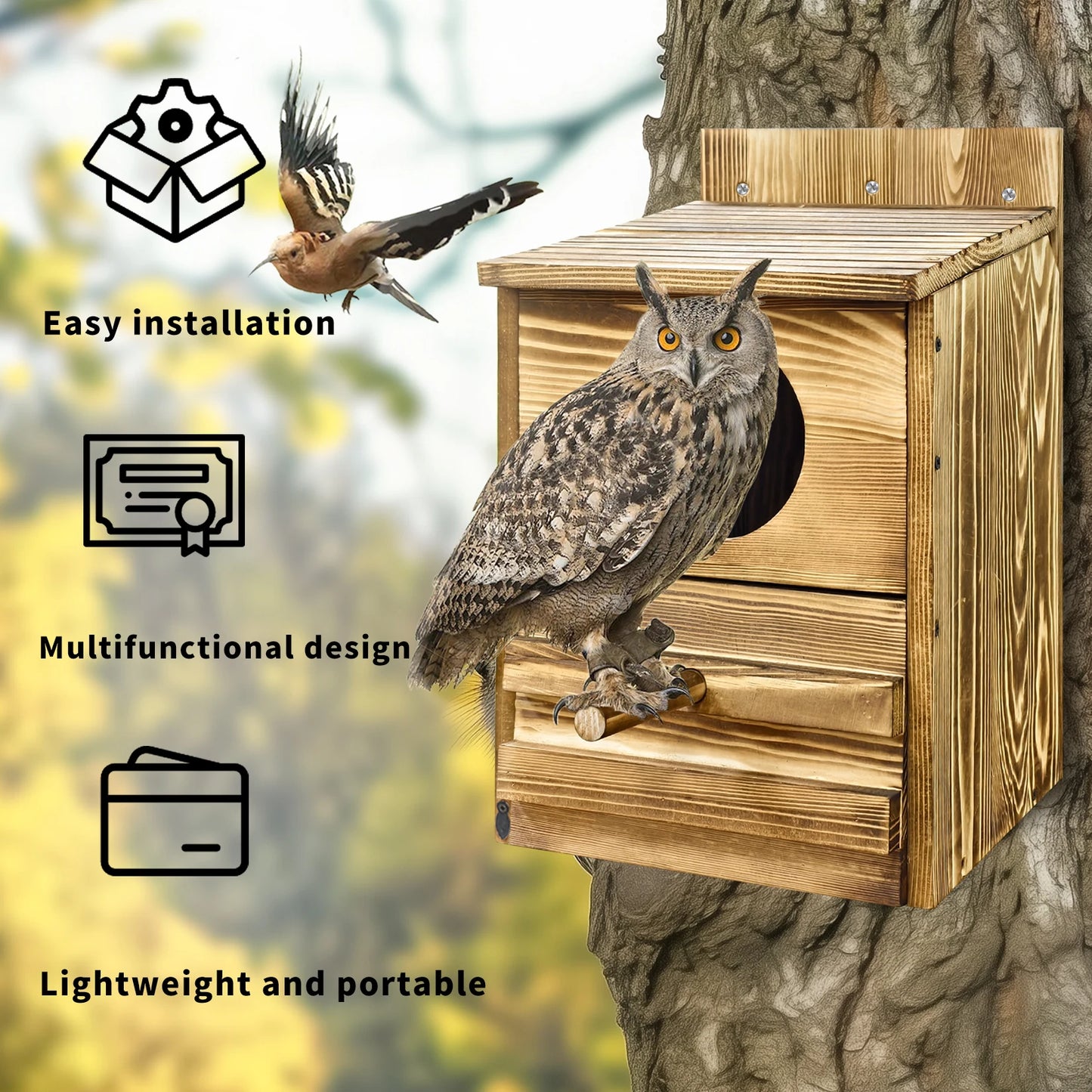 Bingopaw Outdoor Owl House Prebuilt Wooden Bird Box With Rectangular Opening