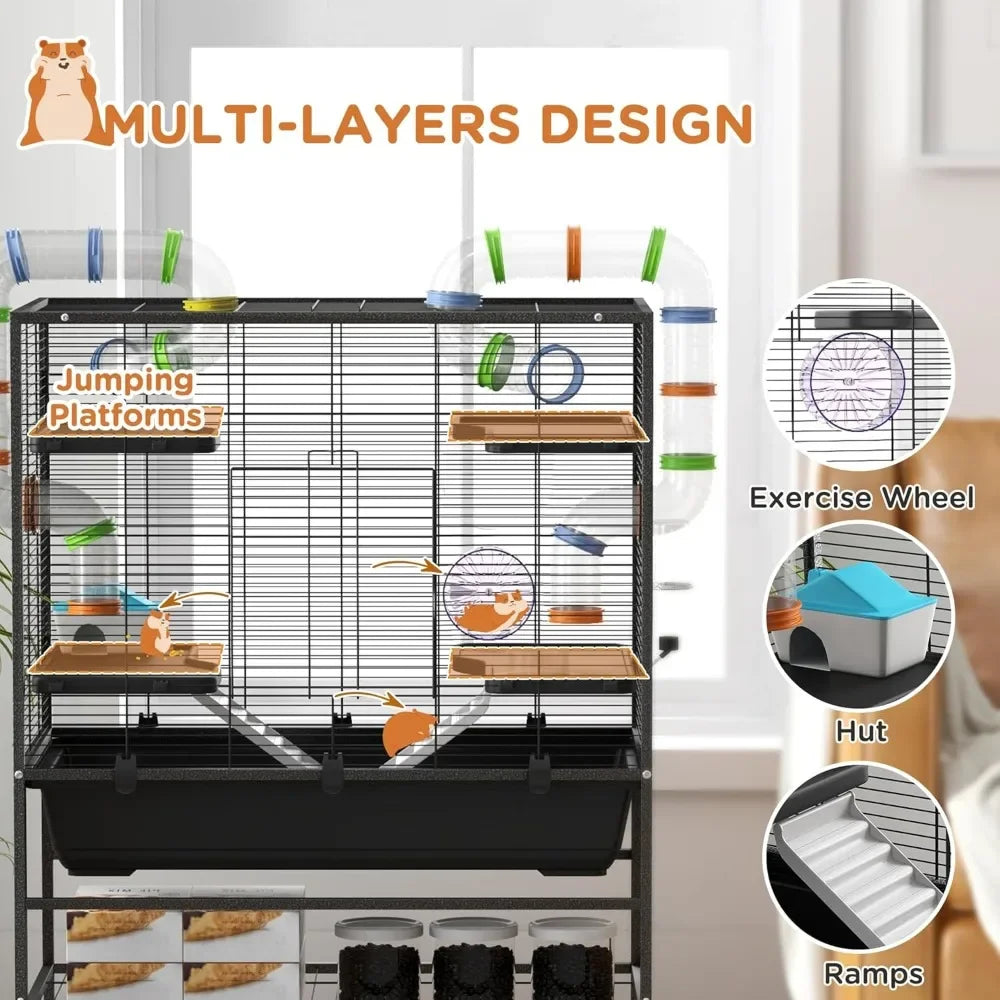 32 Inch Large Hamster Cage with Storage Shelf and Tubes for Syrian Hamster and Gerbils with Running Wheel and Food Dish