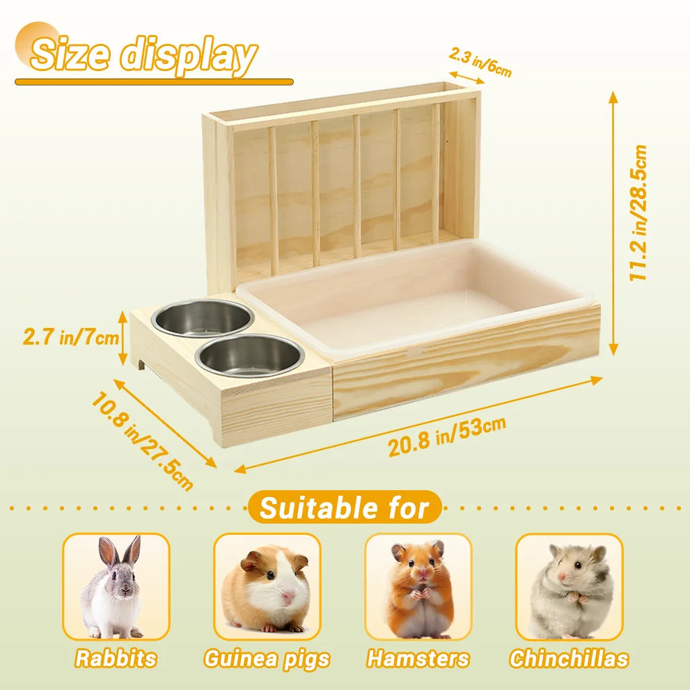 4-in-1 Rabbit Hay Feeder with Litter Box Wooden Toilet Combo Easy Clean 2 Bowls Included