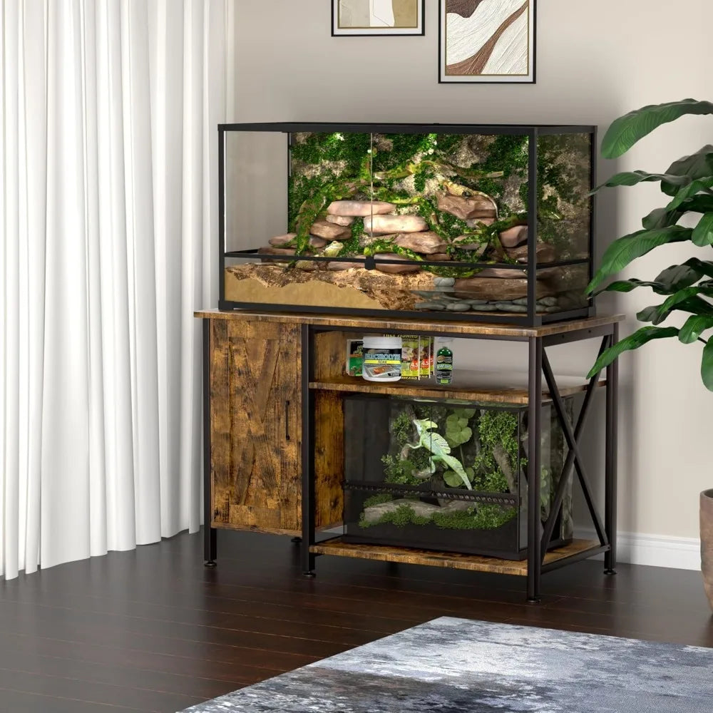 40-120 Gallon Reptile Tank Stand with Power Outlet Rustic Brown Terrarium Stand with Storage Cabinet 48 Inch X 24 Inch Tabletop