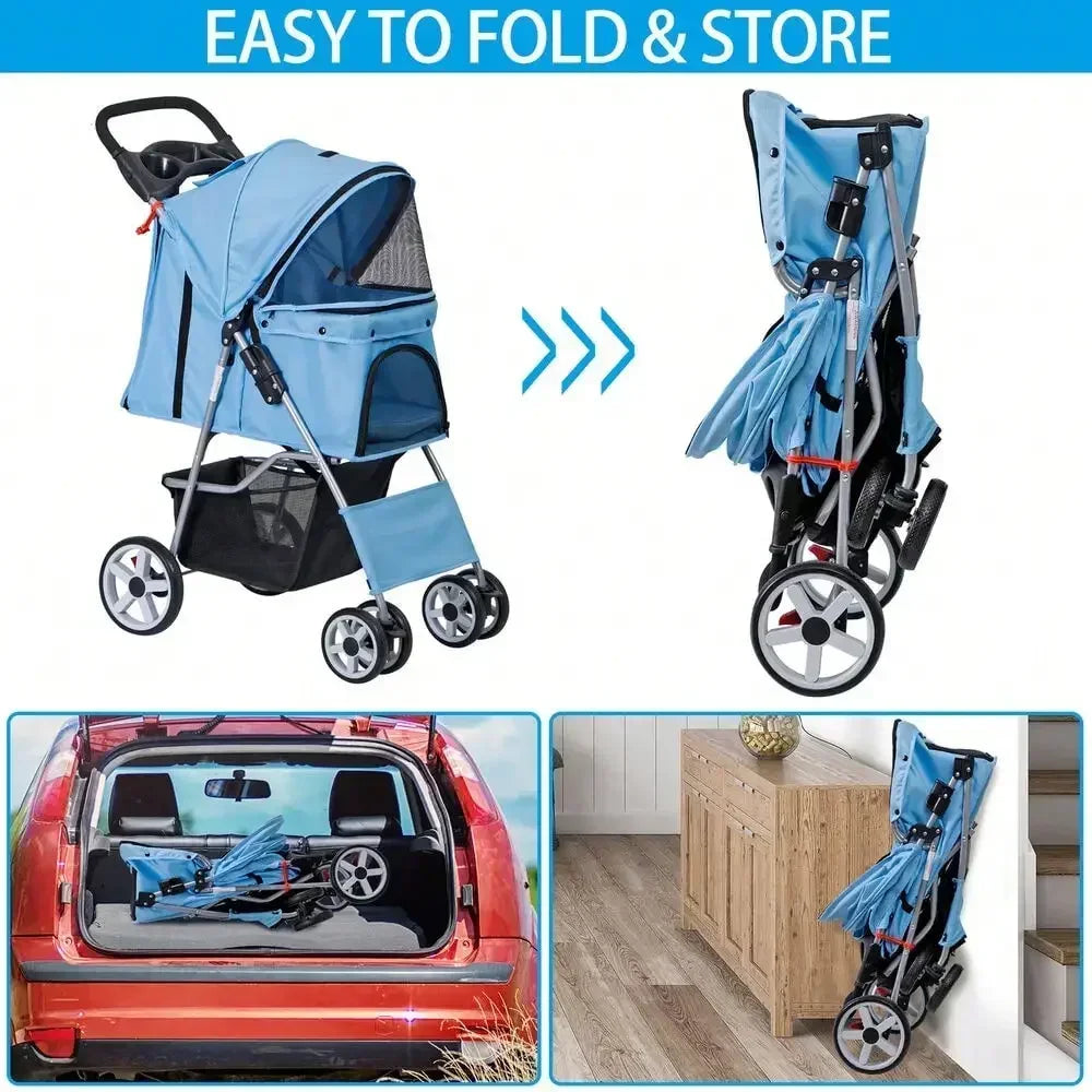 Blue Four Wheel Pet Stroller for Small Dogs and Cats Foldable Carrier Jogger with Basket