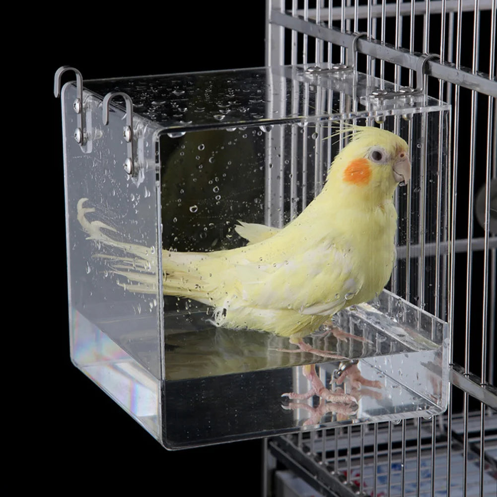 Transparent Acrylic Bird Bath Box Hanging Tub Cage Accessory