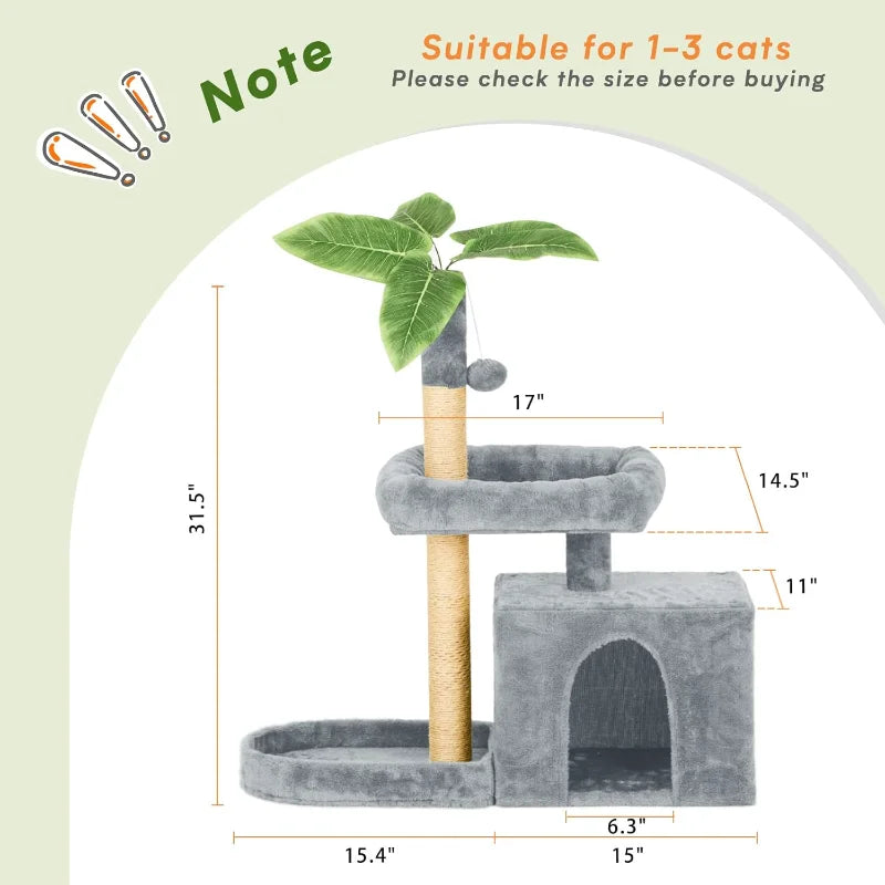 31.5" Cat Tree Tower for Indoor with Green Leaves Design