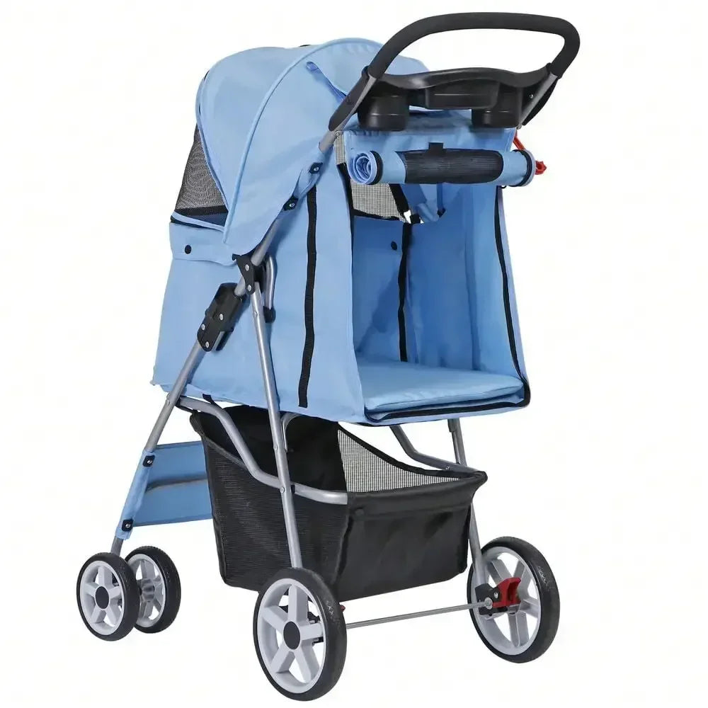 Blue Four Wheel Pet Stroller for Small Dogs and Cats Foldable Carrier Jogger with Basket
