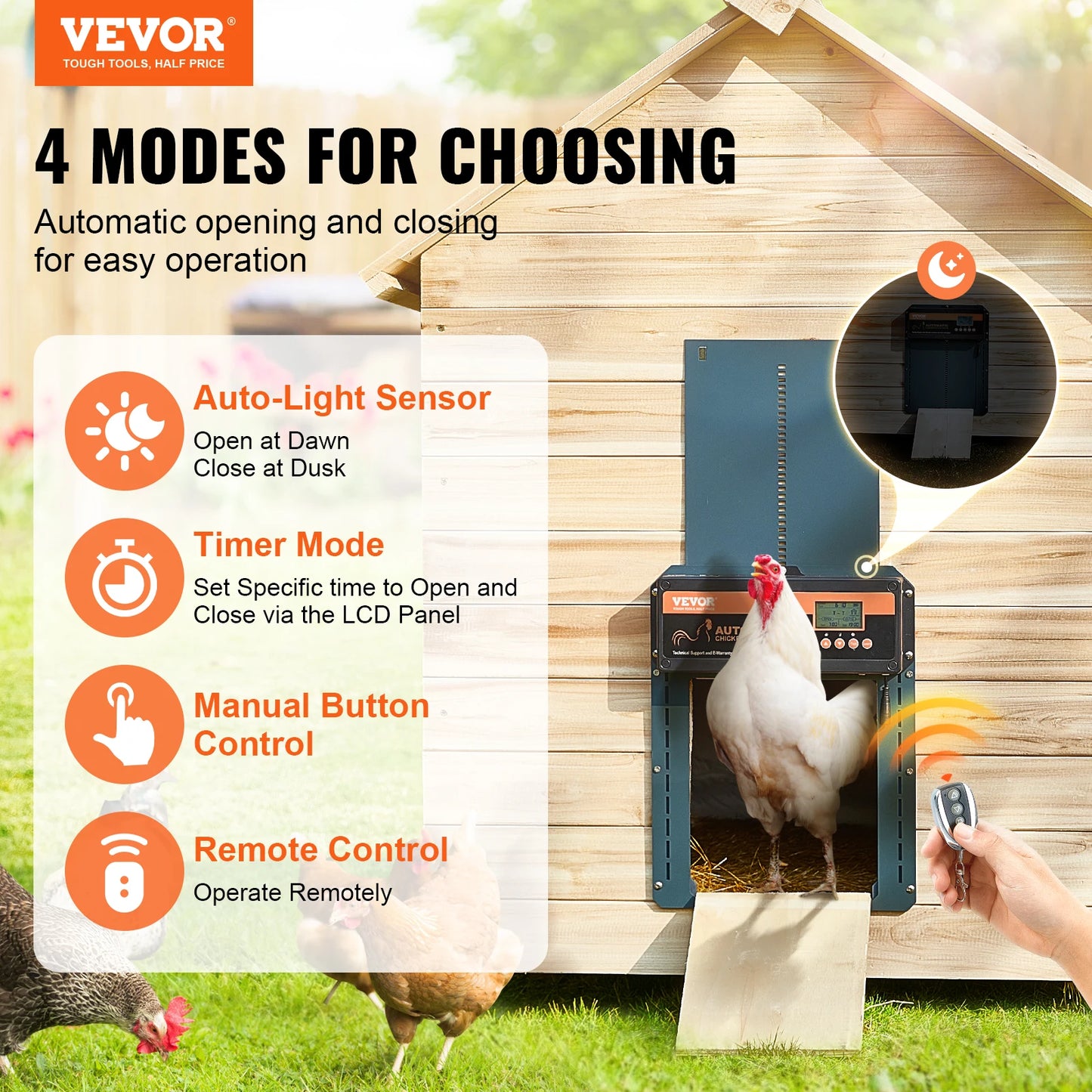 SucceBuy Automatic Chicken Coop Door with Light Sensing Remote Control Battery Powered Chicken Door Opener