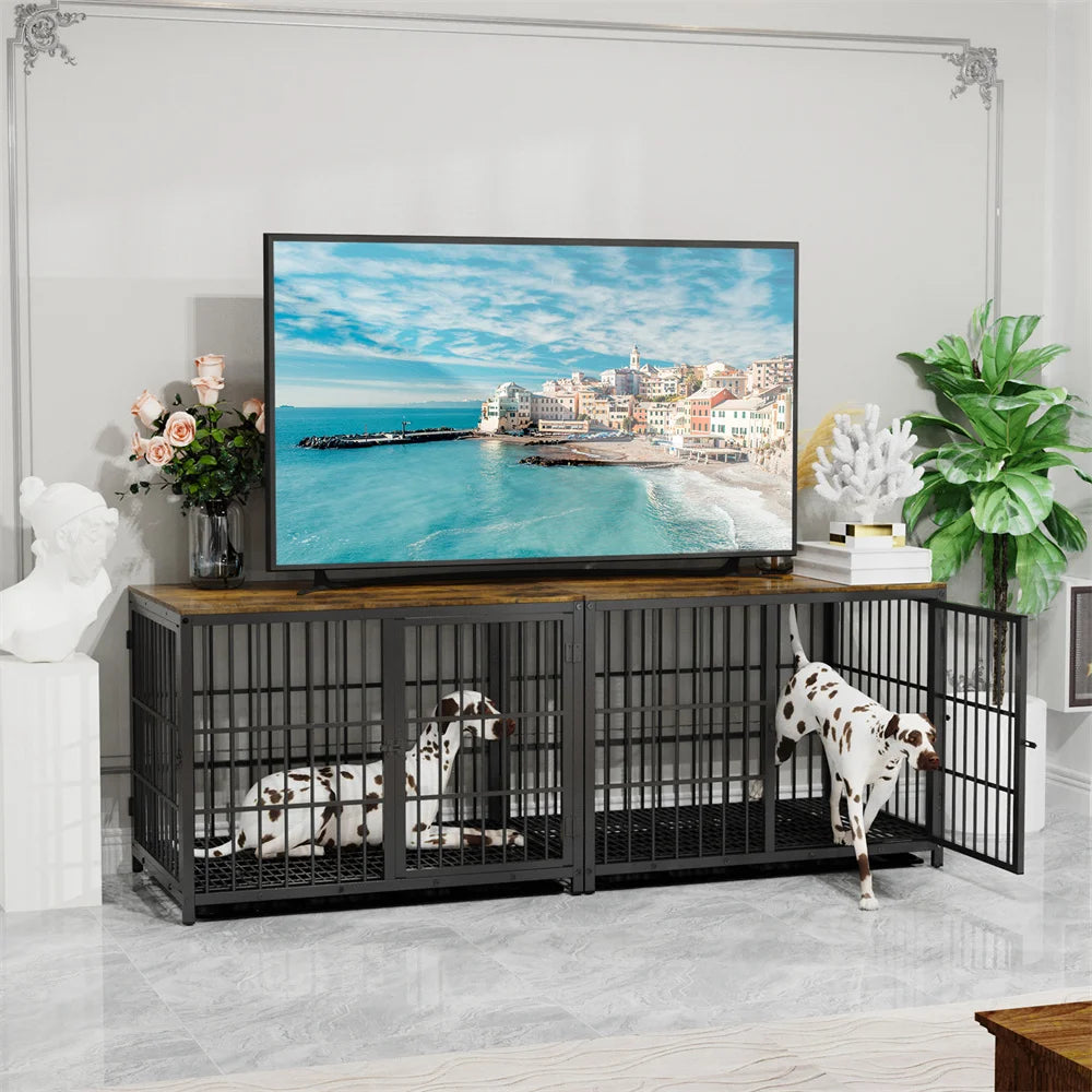Large Wooden Dog Crate Indoor Furniture Style Elevated Pet Dog Cage Kennel End Table Lattice Playpen with 3 Doors