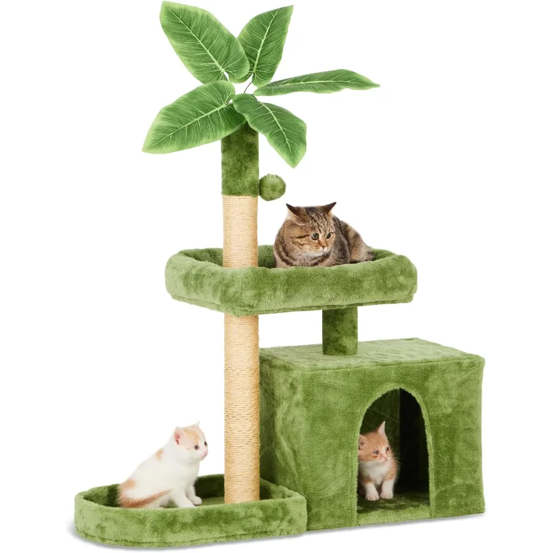 31.5" Cat Tree Tower for Indoor with Green Leaves Design