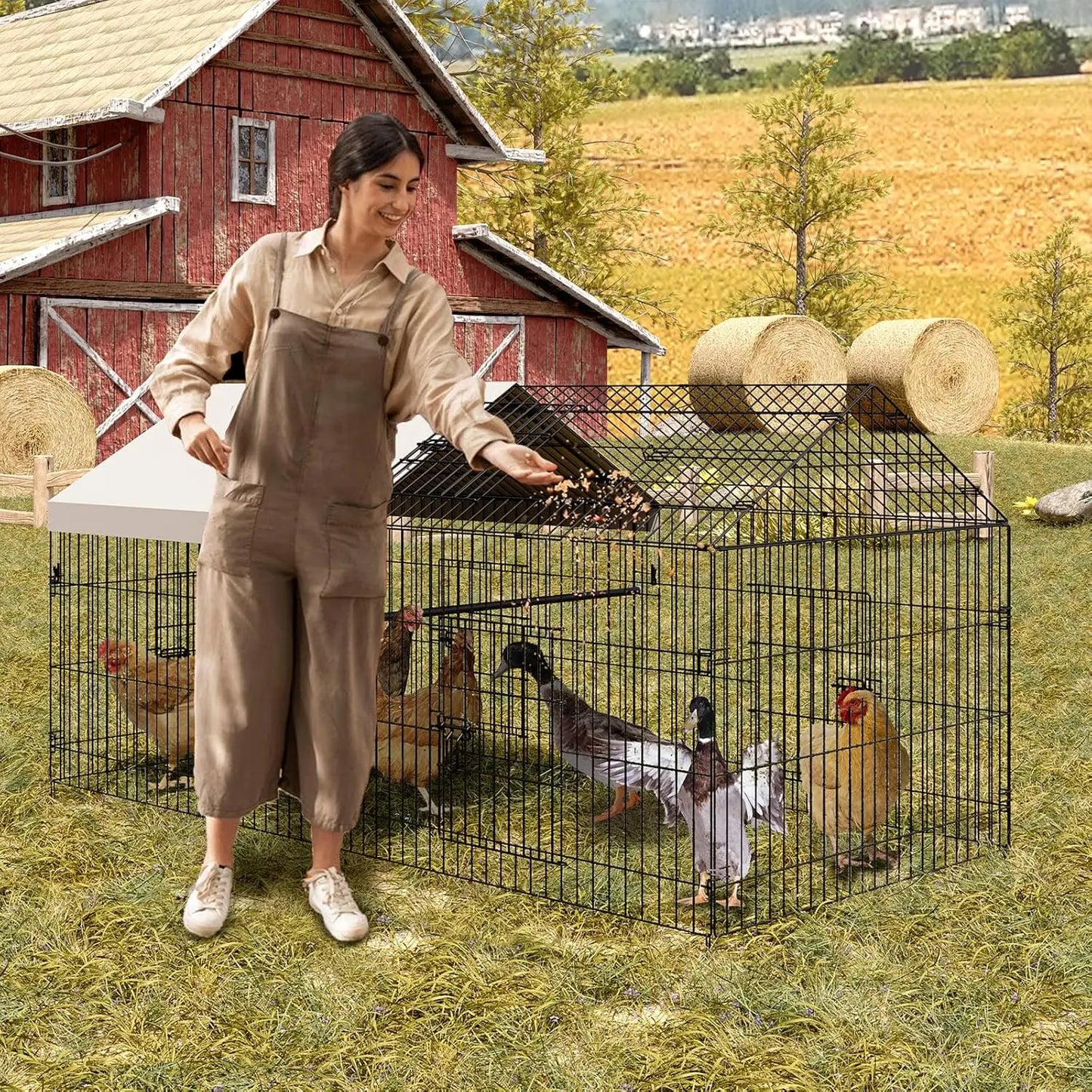 Metal Chicken Coop Portable Poultry Cage Outdoor Backyard Farm Rabbit Duck Chicken Run