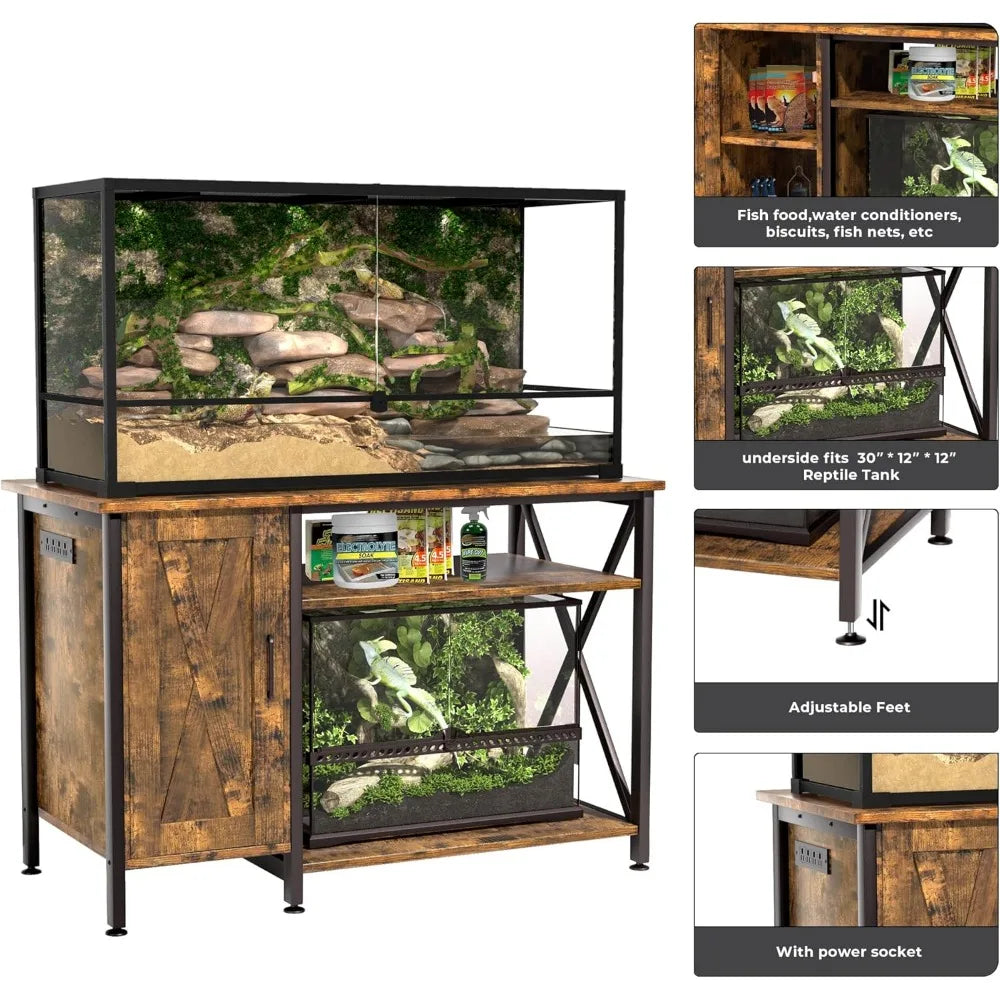 40-120 Gallon Reptile Tank Stand with Power Outlet Rustic Brown Terrarium Stand with Storage Cabinet 48 Inch X 24 Inch Tabletop