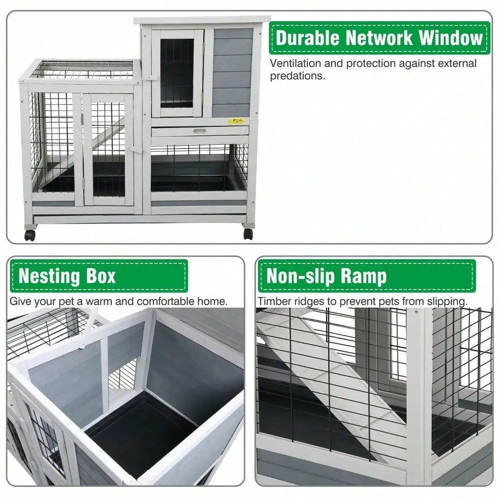 Outdoor Rabbit Hutch Small Animal House Rolling Bunny Cage with Removable Tray Pinewood and Galvanized Wire Mesh