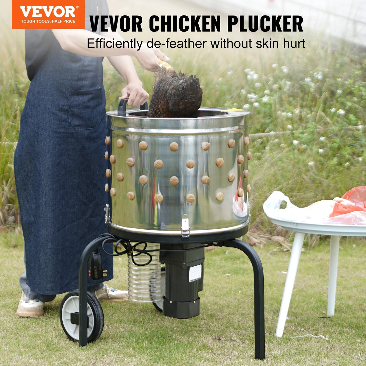 VEVOR Chicken Plucker Machine 20 Inch Diameter Stainless Steel Drum 108 Soft Fingers 500 Watt Poultry Plucking Debris Collection