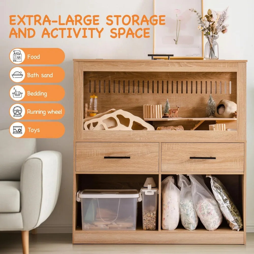 Large Hamster Cage with Storage Cabinet and Drawer Spacious Habitats with View Acrylic Panels Easy Assembly Indoor Use