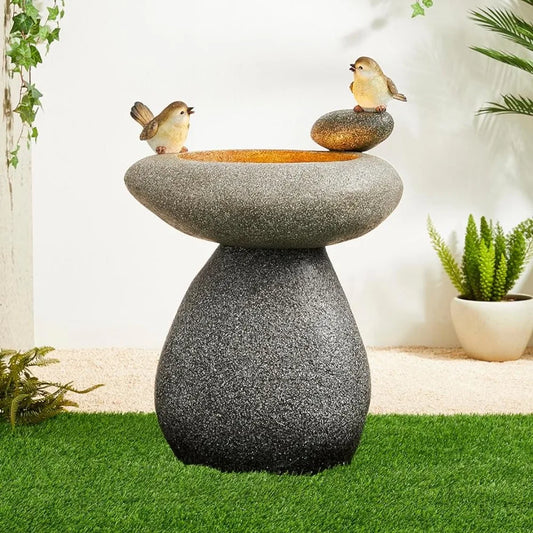 20.75" H Outdoor Water Fountain with LED Light and Pump, Zen Style Faux Stone Texture Birdbath Outdoor Fountain with Birds Decor