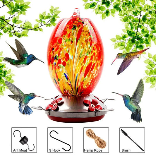 Colorful Hummingbird Food Feeder Hand Blown Glass Bowl
