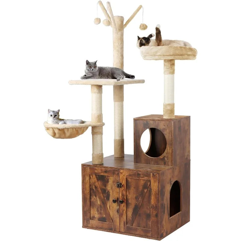 Litter Box Enclosure with Cat Tree and Wooden Furniture
