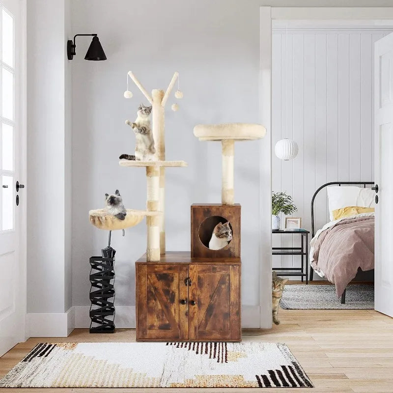 Litter Box Enclosure with Cat Tree and Wooden Furniture