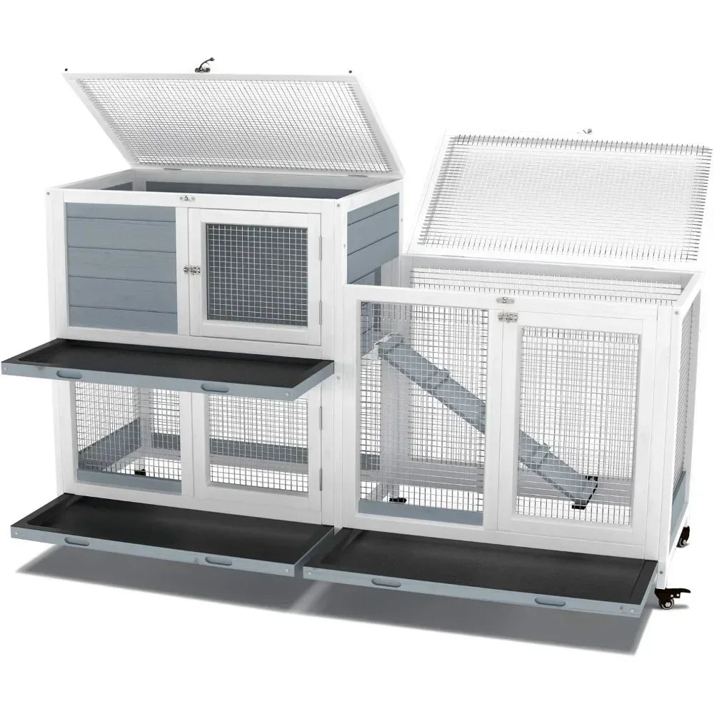 Two Floors 58 Inch Wooden Indoor Bunny Hutch Rabbit Cage on Wheels Guinea Pig Pet House for Small to Medium Animals